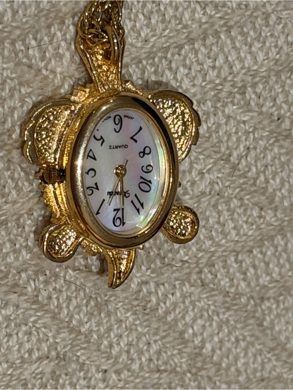 Vintage Xanadu Gold Turtle Pendant Watch Necklace Mother of Pearl Dial